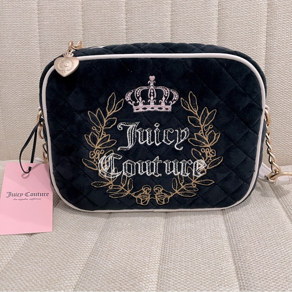 NEW Juicy Couture Black Quilted Velour Camera Bag Crossbody Crown Logo NWT